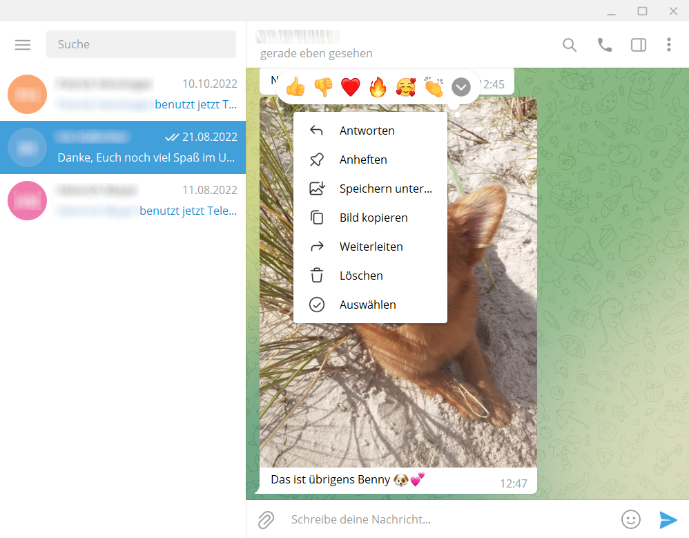 Haben Sie die Desktop-Variante von Telegram über Ihr Smartphone eingerichtet, können Sie Bilder und Videos auf Ihren PC laden. Sie müssen sie dazu lediglich mit der rechten Maustaste anklicken.