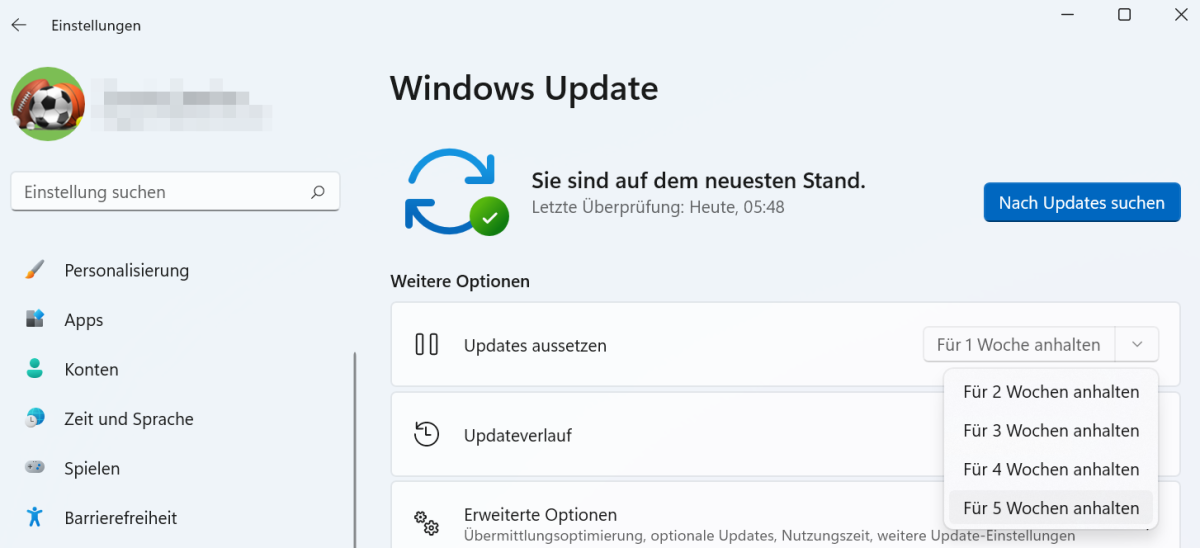 Update-Pause: Wer gerade keine Windows-Updates erhalten möchte, kann mit der Installation von Aktualisierungen für mehrere Wochen aussetzen.