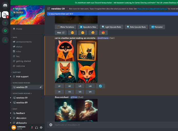 Die Ergebnisse von Midjourney sind weitaus künstlerischer als die von DALL-E 2.0. Das Erstellen der Bilder übernimmt ein Bot in einem Discord-Channel, den Sie mit spezifischen Befehlen füttern. Dabei sollten Sie eher ein Motiv ausführlicher beschreiben als verschiedene Teile kombinieren.