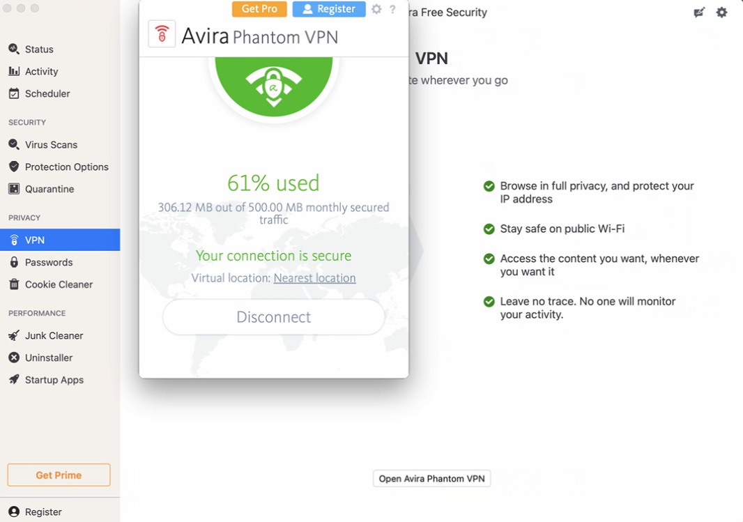 Función de VPN en el antivirus Avira Free Security para Mac
