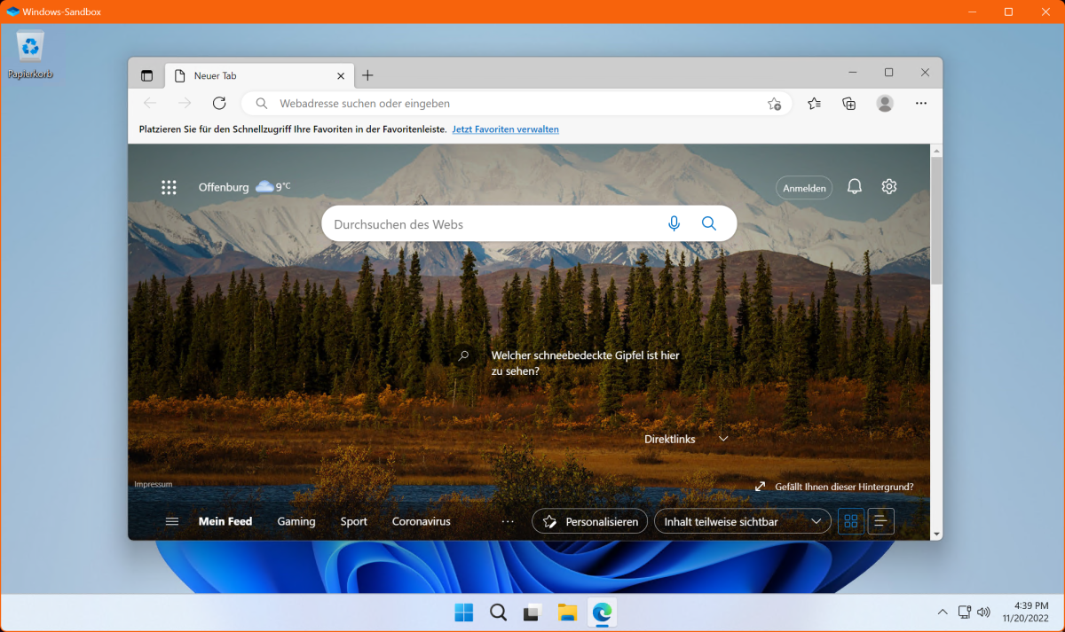 Windows-Sandbox bietet eine einfache Desktop-Umgebung zum sicheren Surfen und Ausführen von Anwendungen in einer isolierten Umgebung. Software wird separat vom Hostcomputer ausgeführt.
