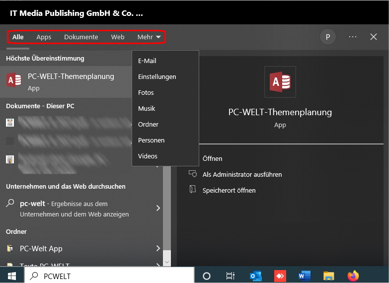 Blick auf die Suchoption von Taskleiste und Startmenü in Windows 10: Die Funktion soll klassische Datei- und Internetsuche, App-Starter und Bedienhilfe für Windows vereinen.