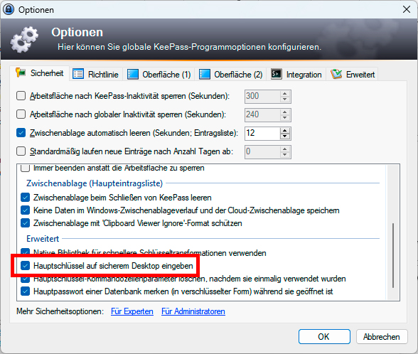 Keepass verfügt über eine Funktion, welche die Passwort-Eingabe auf ähnliche Art schützt wie die Benutzerkontensteuerung von Windows.