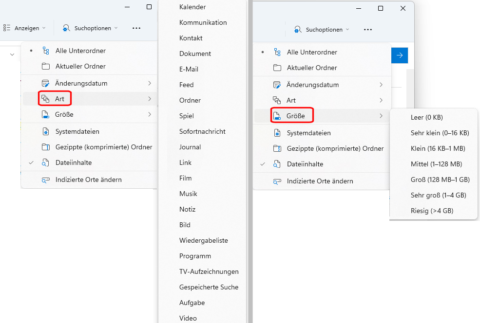 Der Windows-Explorer bietet Filter, mit denen sich die Dateisuche eingrenzen lässt: darunter auch nach Art und Größe der Dateien. Das Bild zeigt den Explorer von Windows 11.