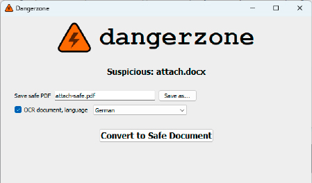 Dangerzone konvertiert ein Office-Dokument zunächst in ein PDF mit der Erweiterung „-safe“, dann in ein Pixelbild, und schließlich wieder in ein PDF.