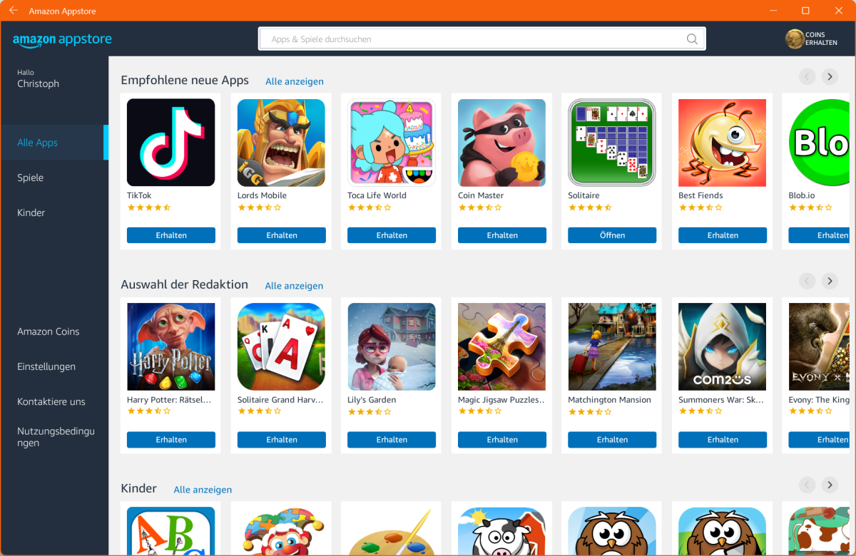 Im Amazon Appstore von Windows 11 22H2 finden Sie einige populäre Apps und sehr viele Android-Spiele zur Installation. Sie werden in einem isolierten Desktop-Fenster ausgeführt.