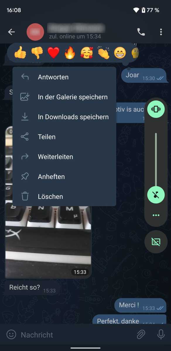 Auch Telegram verlangt zuvor das manuelle Speichern auf dem Smartphone, bevor Sie Anhänge auf Ihren PC übertragen können - wahlweise in der Galerie oder den Downloads.