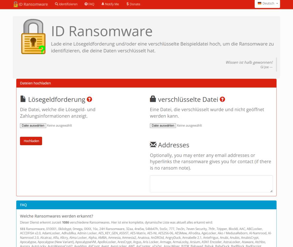 Über die Website ID Ransomware können Sie in vielen Fällen ermitteln, welcher Typ von Ransomware Ihre Daten verschlüsselt hat. Oftmals stehen auch Entschlüsselungstools bereit.