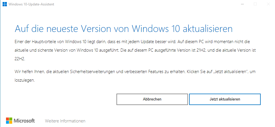 Windows-Update durchführen: Windows 10 22H2 lässt sich über einen Update-Assistenten installieren, der auch die Installationsbereitschaft des Rechners überprüft.