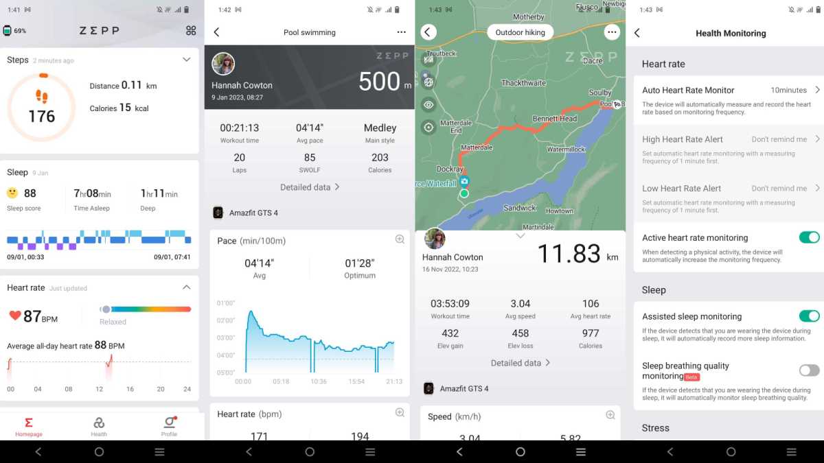 Screenshots of the Zepp app with exercise logged on the Amazfit GTS 4