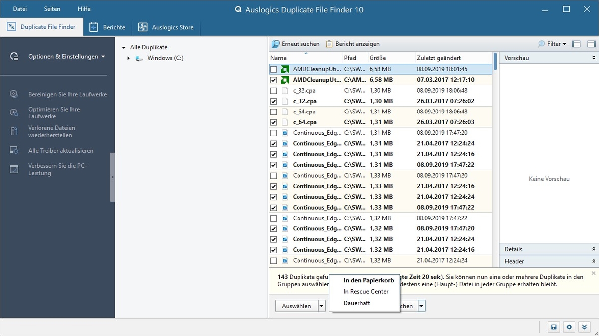 Auslogics Duplicate File Finder Löschen Auswahl