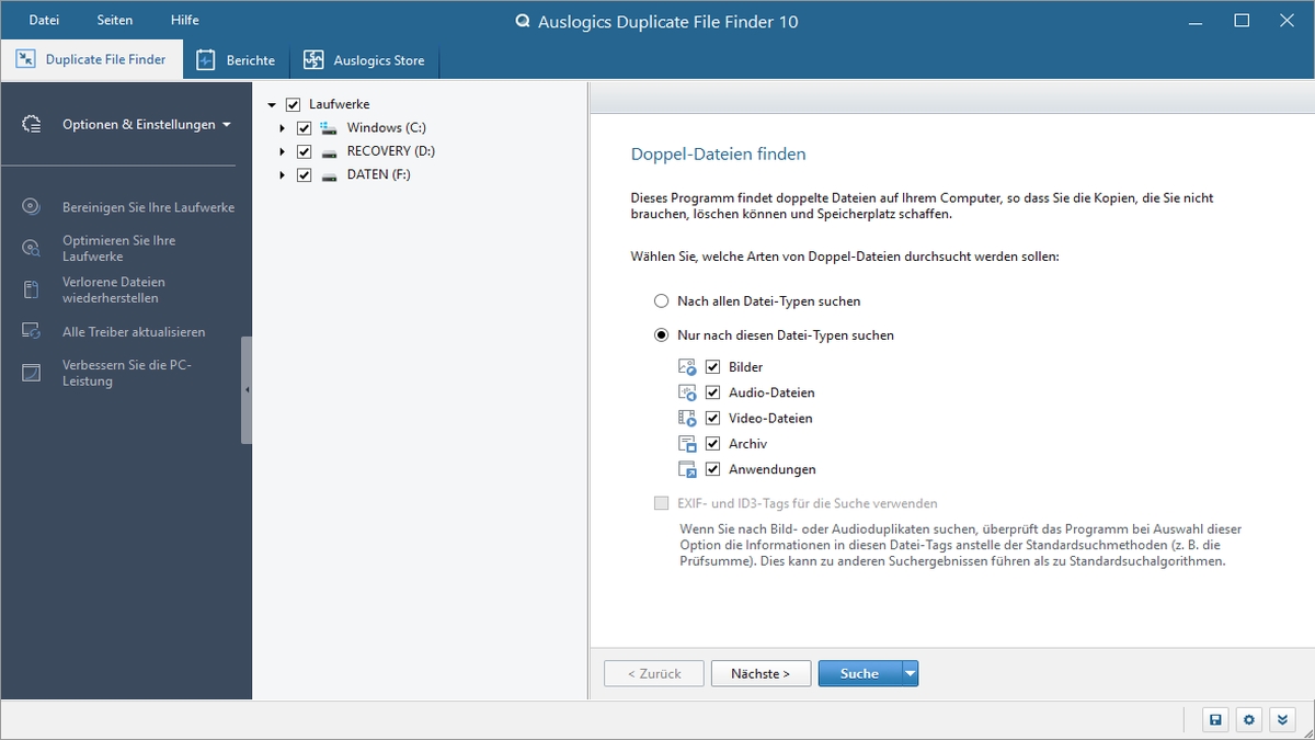 Auslogics Duplicate File Finder Startseite