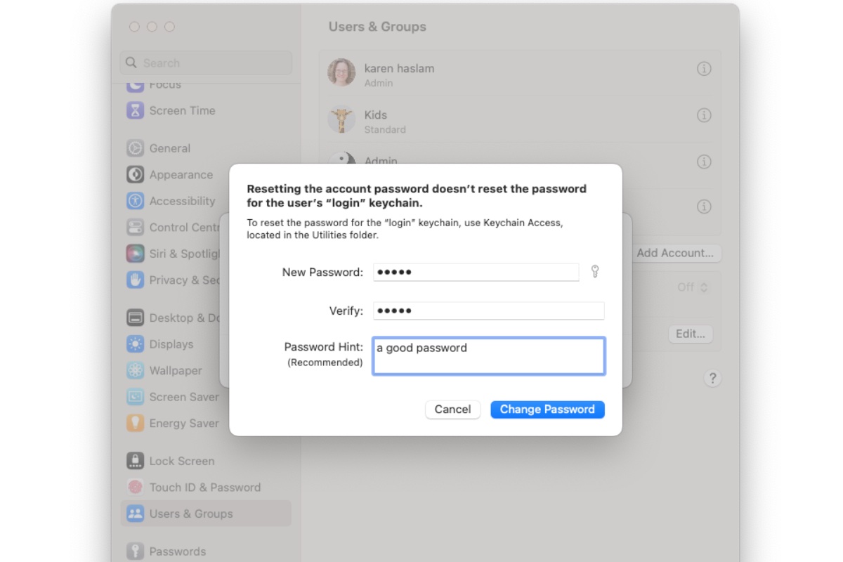 Change password Mac another user