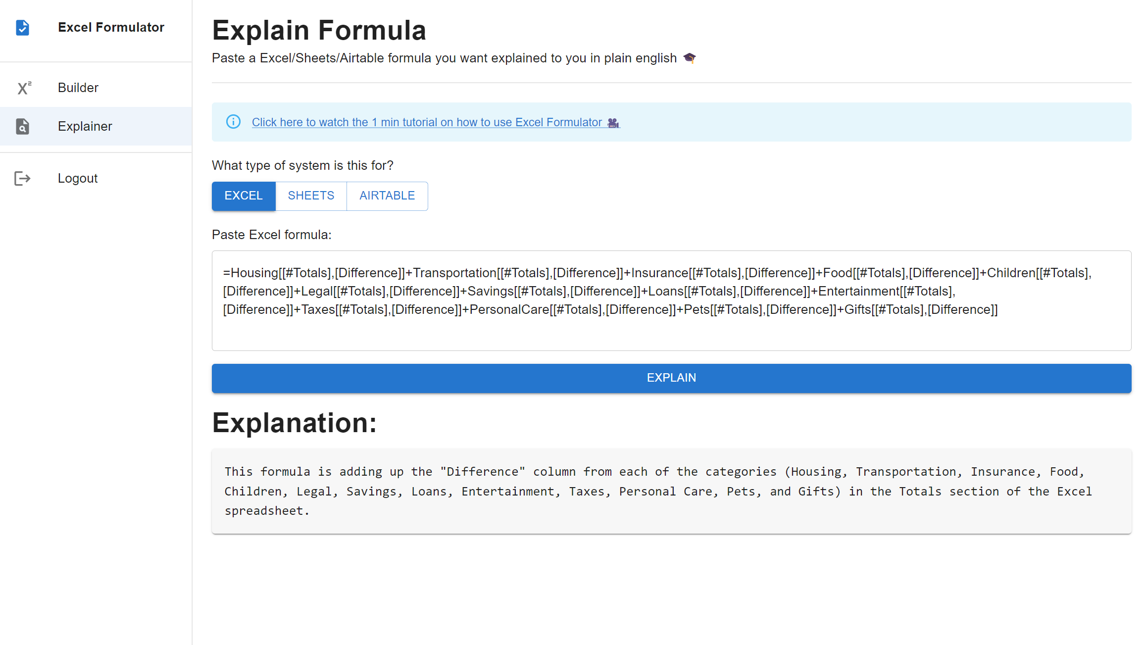 ExcelFormulator explain formula