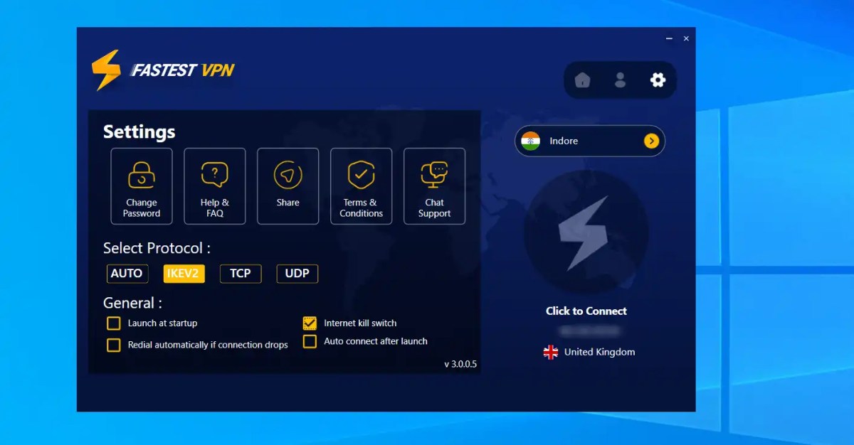 Ajustes de la app para Windows de FastestVPN