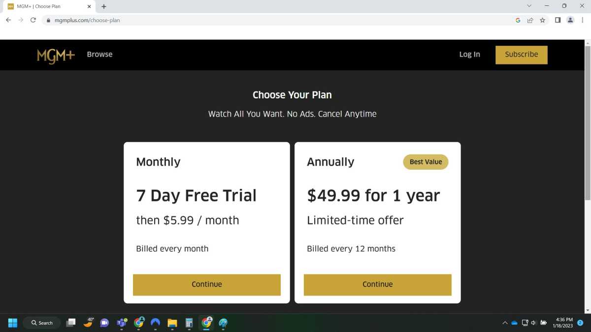 Screenshot of 'Choose your Plan' page with monthly and annual options