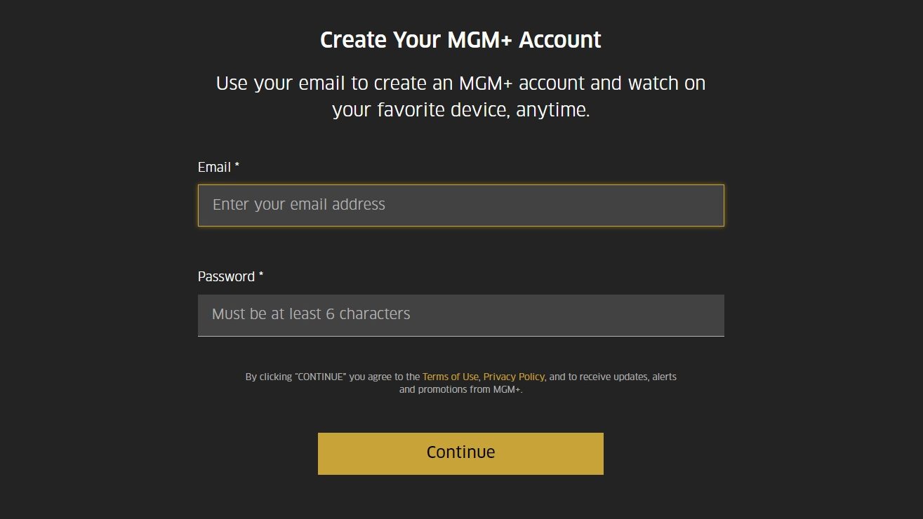 Screenshot of MGM+ 'create your account' screen where you can enter your email and password