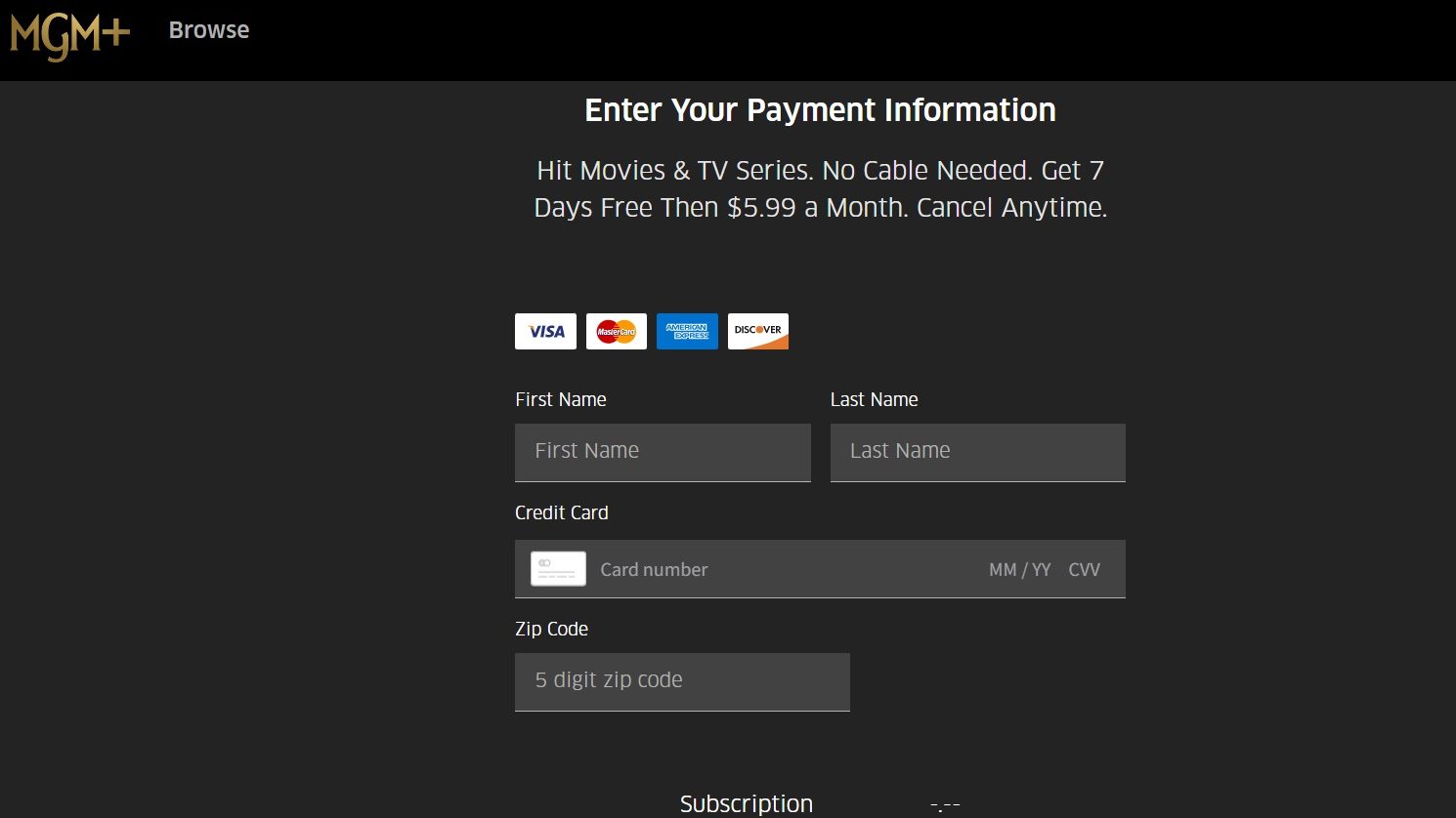 MGM+ screenshot of payment information page, with boxes for name, credit card number and zip code