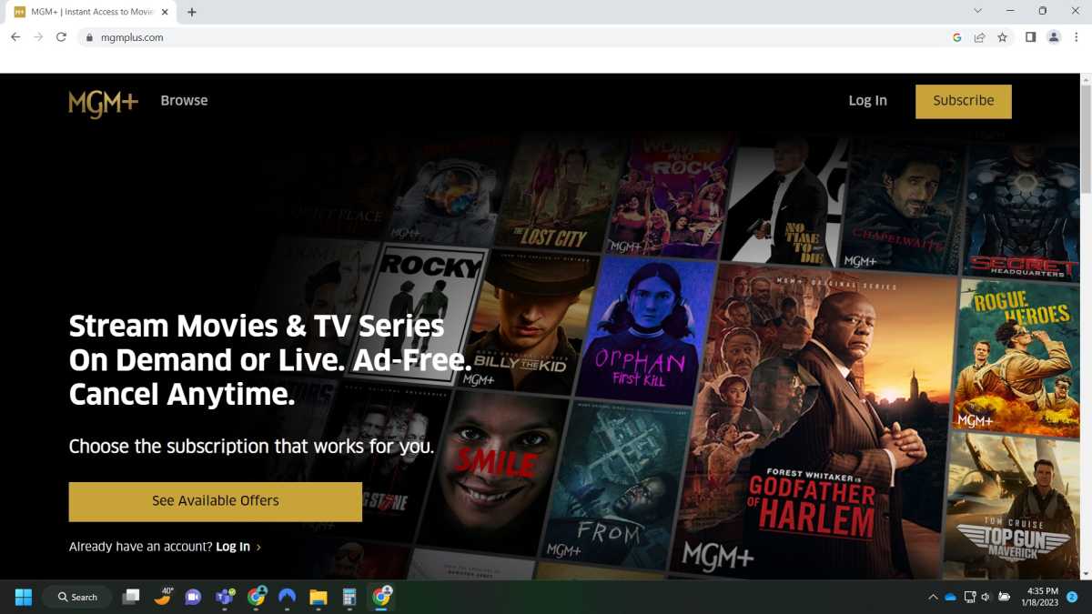 Screenshot of the MGM+ homepage with sign up button that says 'See Available Offers'