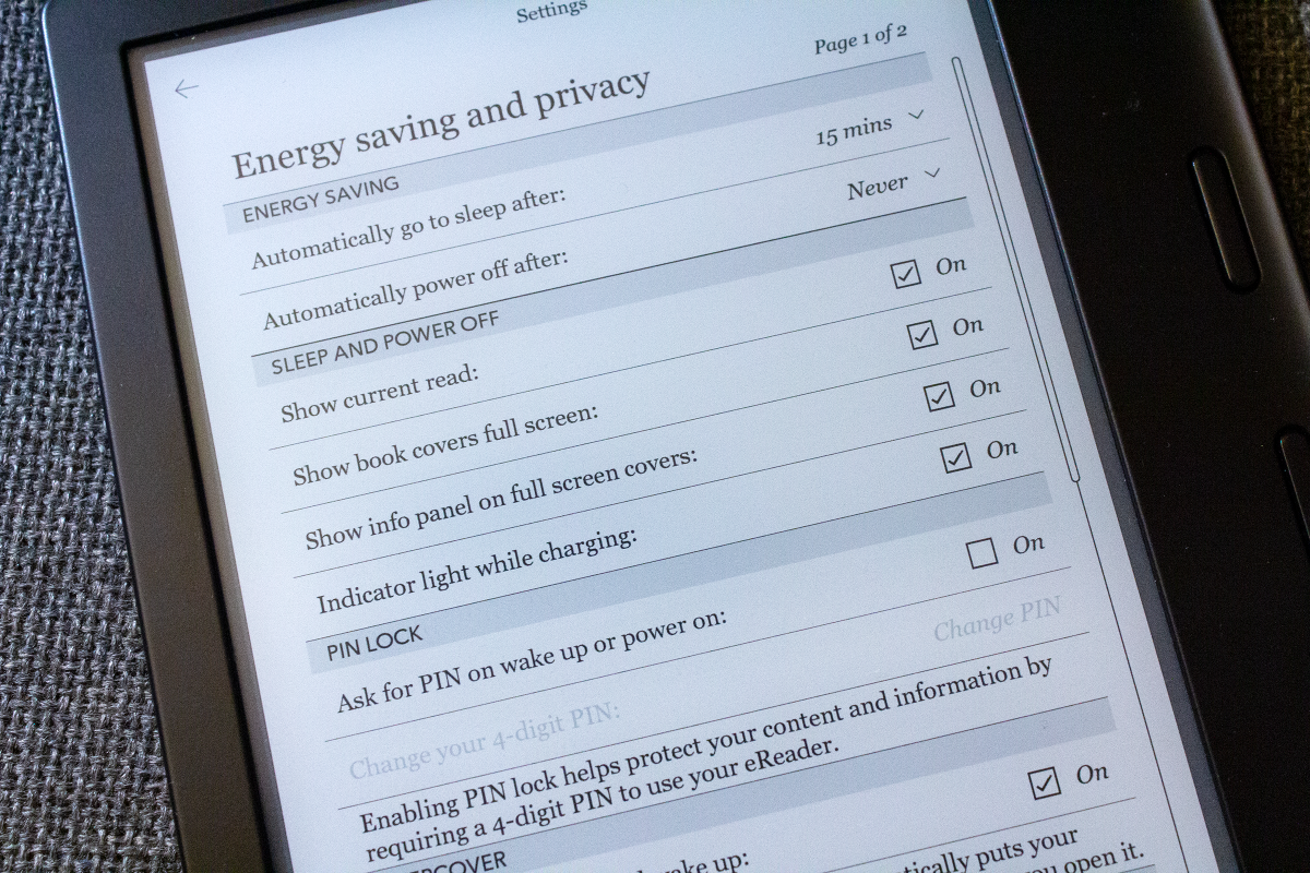 Power saving and privacy settings on Kobo Libra 2
