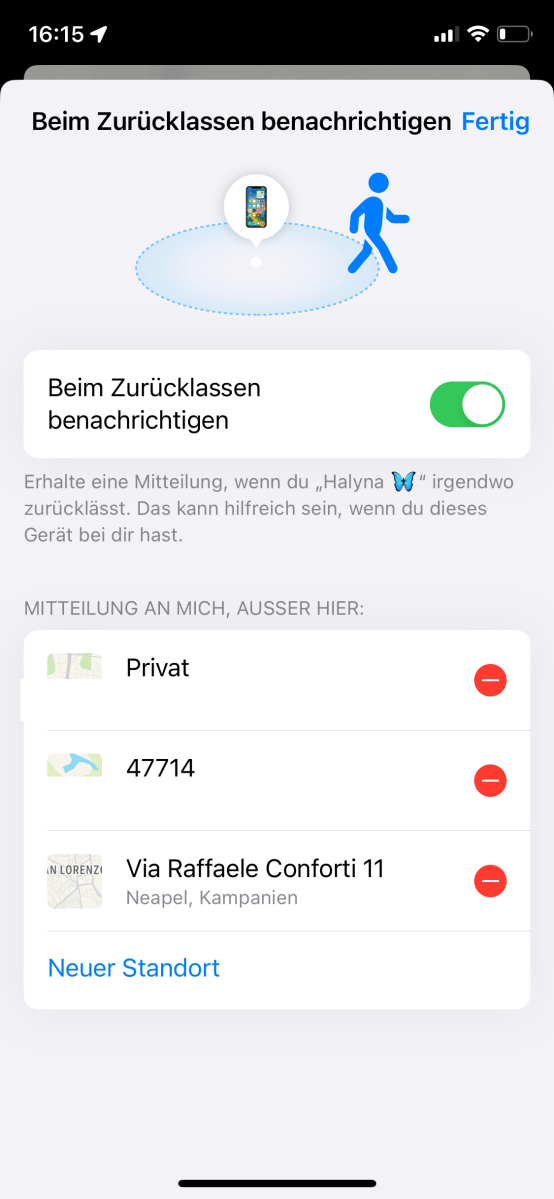Hier kann man noch einstellen, welche Orte für die Erinnerung ausgeschlossen werden können.