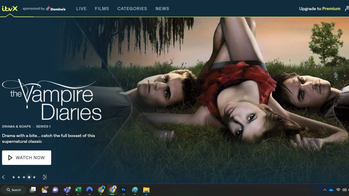 Screenshot of the ITVX homepage of The Vampire Diaries