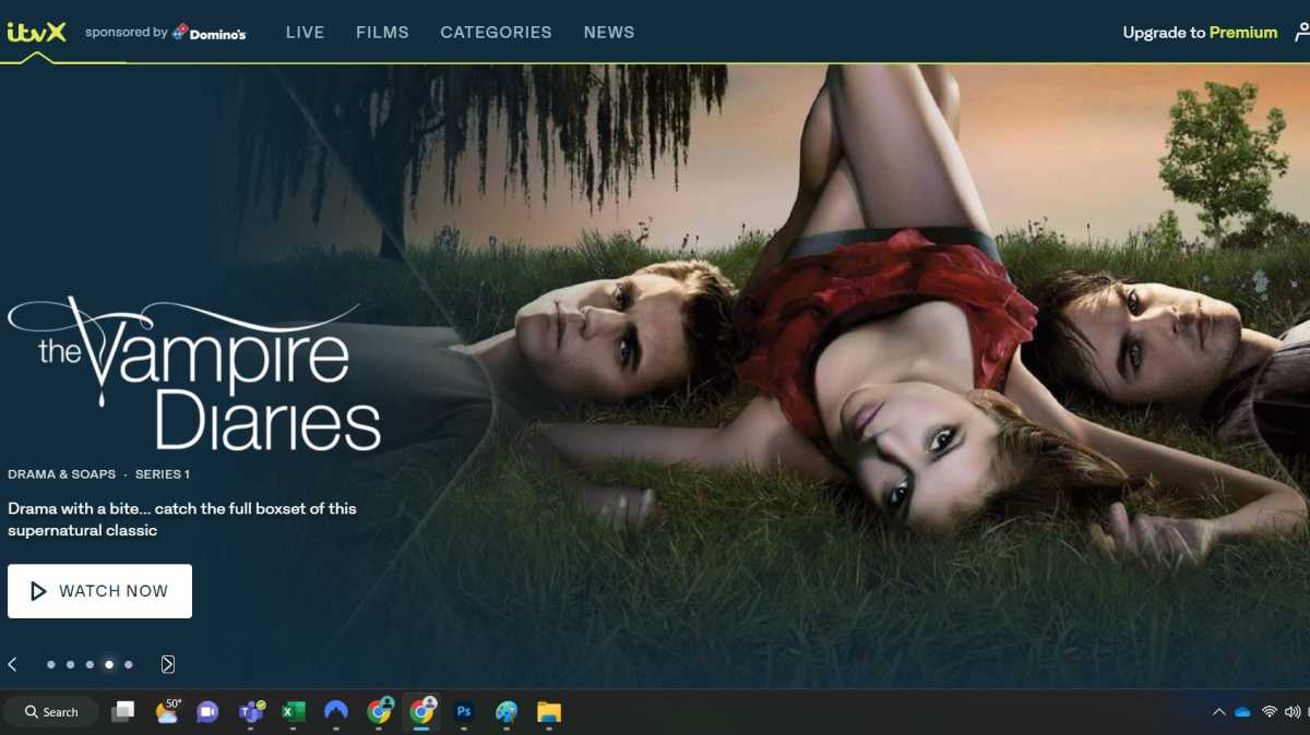 Screenshot of the ITVX homepage showing The Vampire Diaries