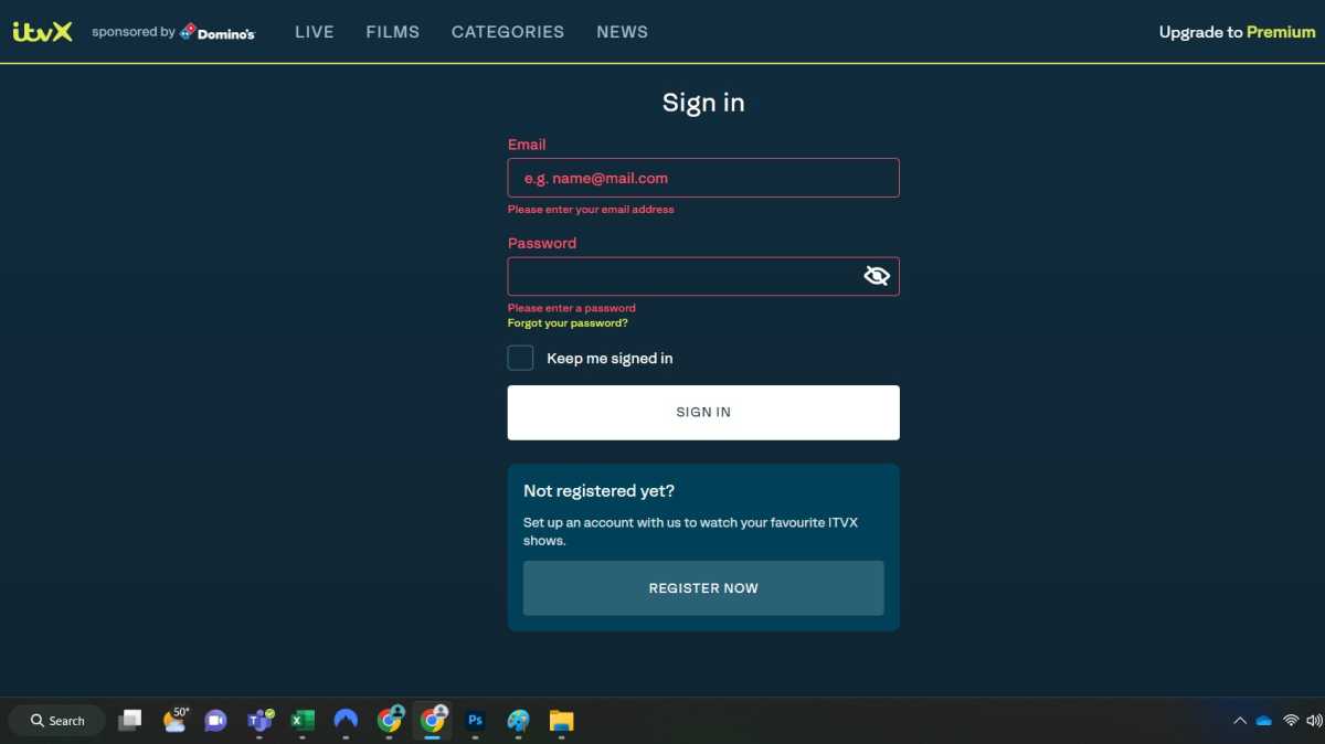 Screenshot of registration page for ITVX
