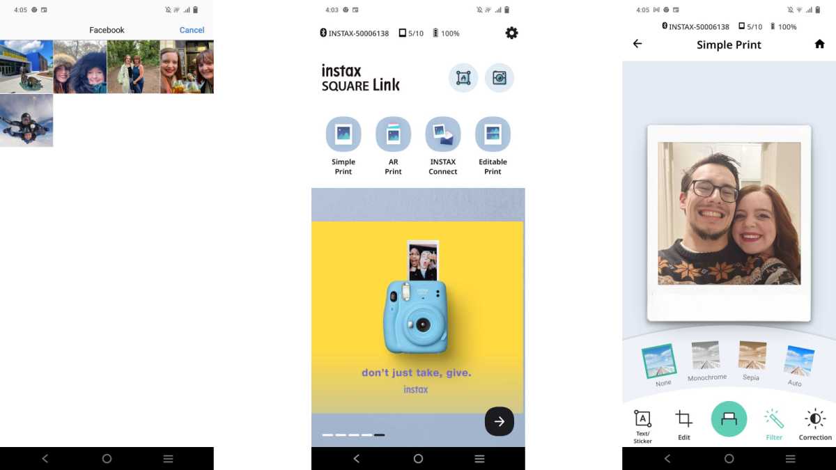 Screenshots of Instax Square Link homepage, images and edit mode