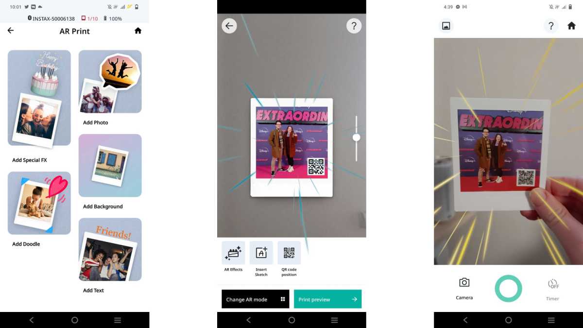 Capturas de pantalla de la aplicación Instax Square Link con modo de edición AR e impresión con la función AR