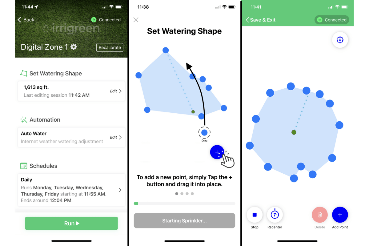 Screenshots of Irrigreen smart sprinkler controller app