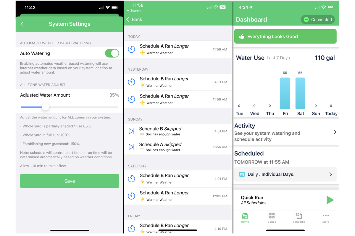 Captures d'écran de l'application de contrôleur d'arrosage intelligent Irrigreen