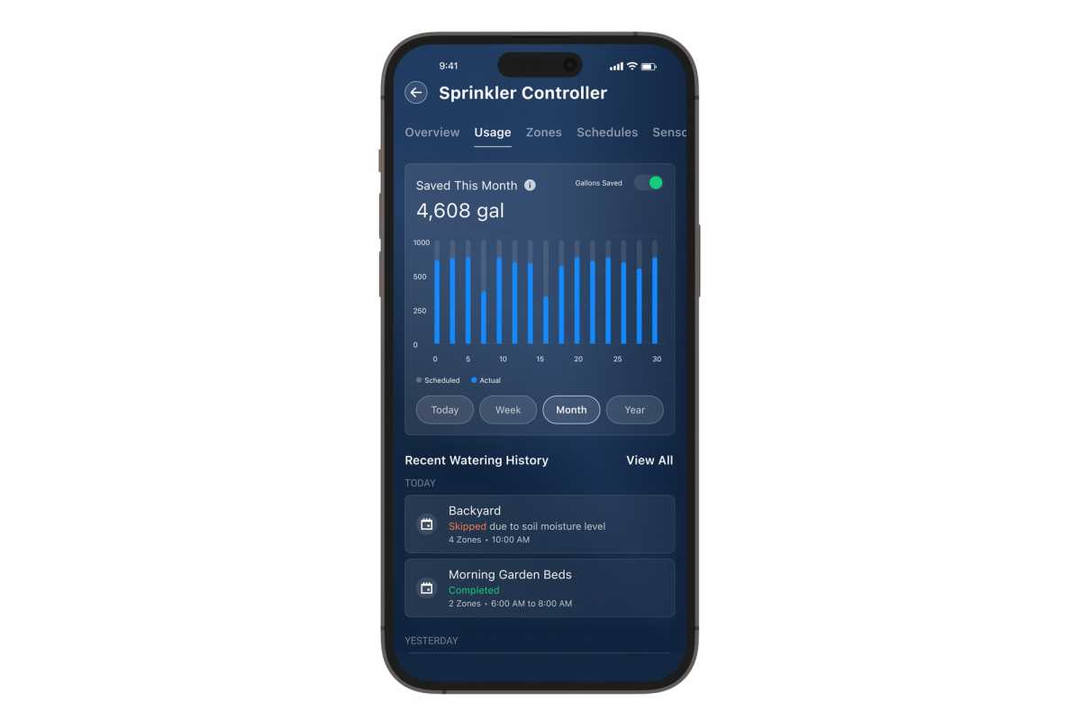 Moen's app reports when your irrigation system operates and how much water it consumes.