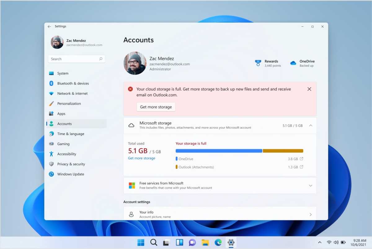 Microsoft Windows 11 Settings menu OneDrive Settings