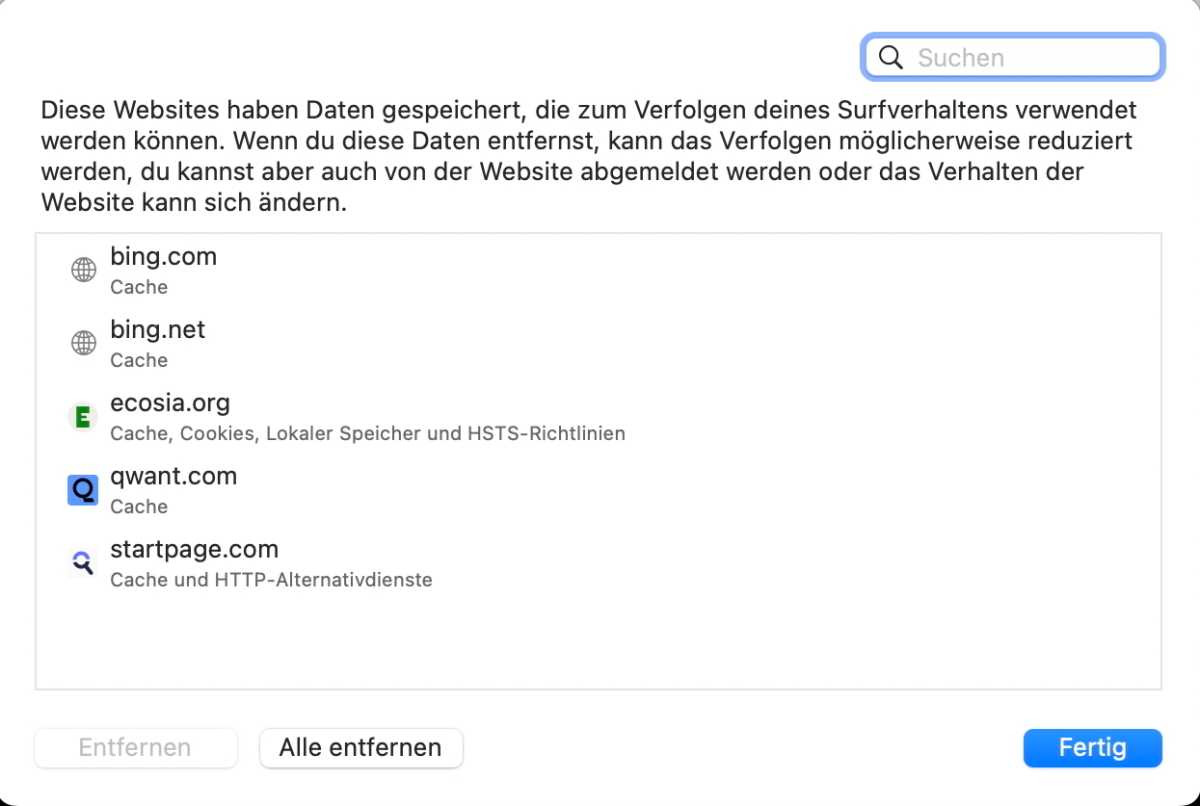 Von Safari gespeicherte Daten der Websites anzeigen