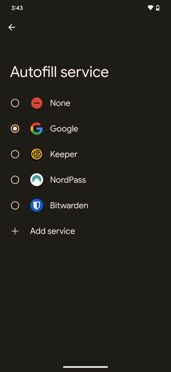 Google Android 13 Autofill service option menu