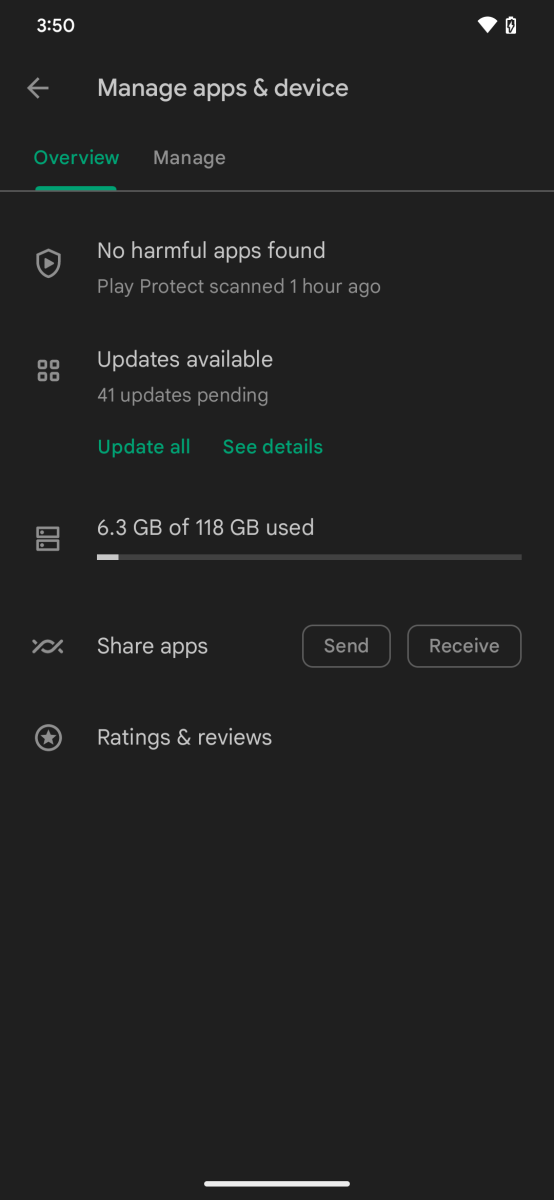 Android 13 Google Play app - Update menu