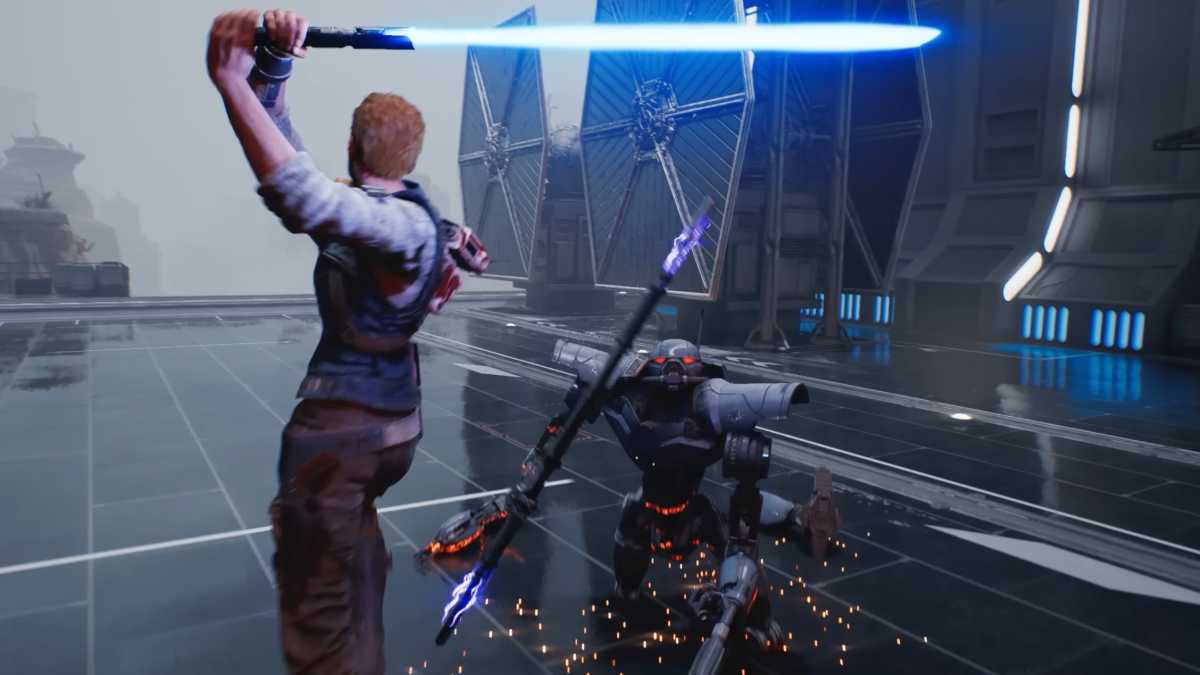 Wir kämpfen unter anderem gegen eine neue Generation extrem starker Kampfdroiden wie die IG 100 Magna Guard. Die haben allerdings eine Schwachstelle – trennen wir ihre Beine ab, nehmen wir ihnen ihre Schlagkraft.