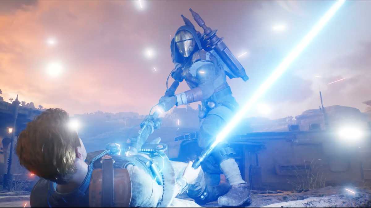 Der Echani entsendet Söldner, um Cal Kestis zu töten. Unter anderem diesen Boba-Fett ähnlichen Kopfgeldjäger, der sich dank seiner Jetpacks nach vorne, hinten oder auch in die Lüfte katapultieren und fliegen kann.