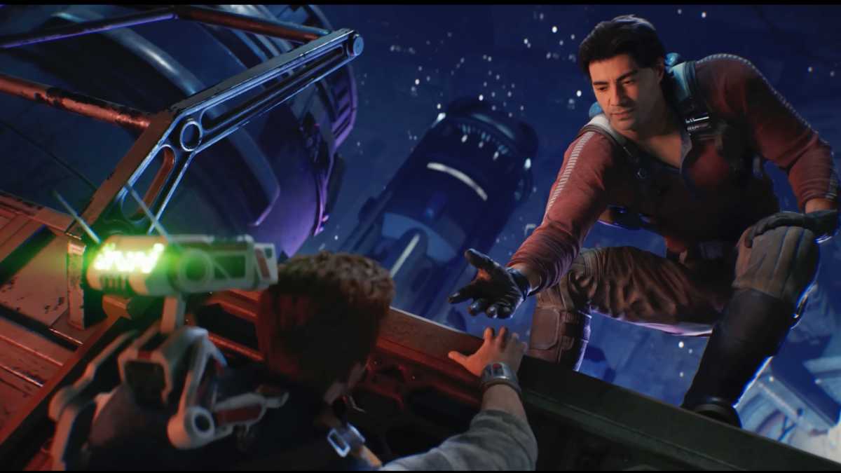 Jedi Fallen Order 2 scheint viele neue Kampfeinheiten einzuführen: Wir haben etwa keine Ahnung, wer dieser Boss hier sein könnte, der die Rüstung eines Kopfgeldjägers trägt, aber das Licht-Schwert eines Jedis nutzt.