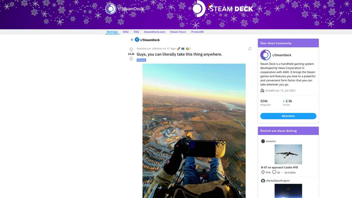 „Das Steam Deck lässt sich überall benutzen. Also wirklich überall“, schreibt der Reddit-User Bythion und zeigt sich beim Spielen in 750 Metern Höhe, an einem Segelflieger hängend.