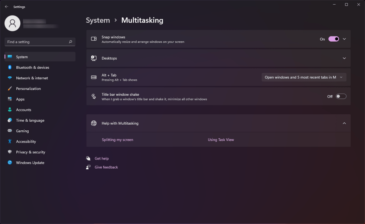 Windows 11 Multitasking settings window