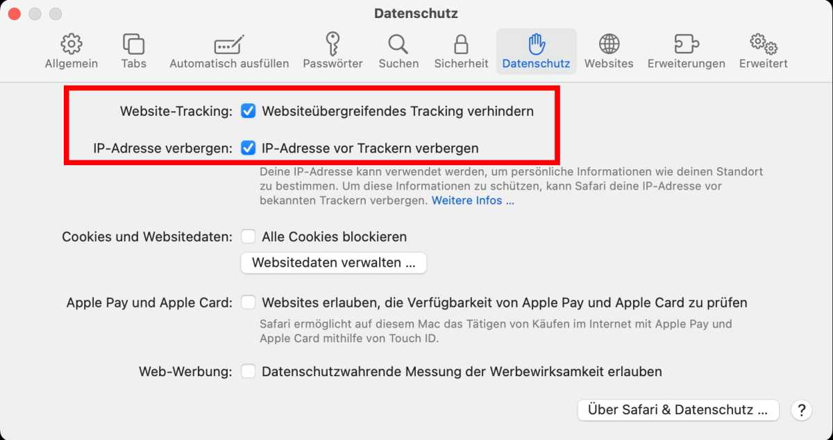 Einstellungen in safari gegen das Tracking