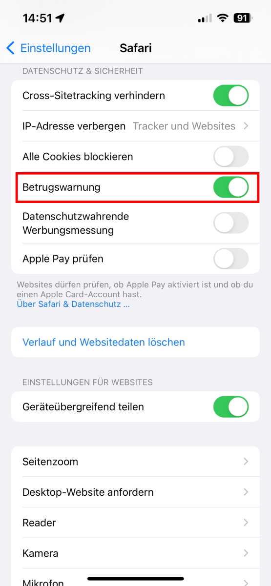 Betrugswarnung in Safari aktivieren