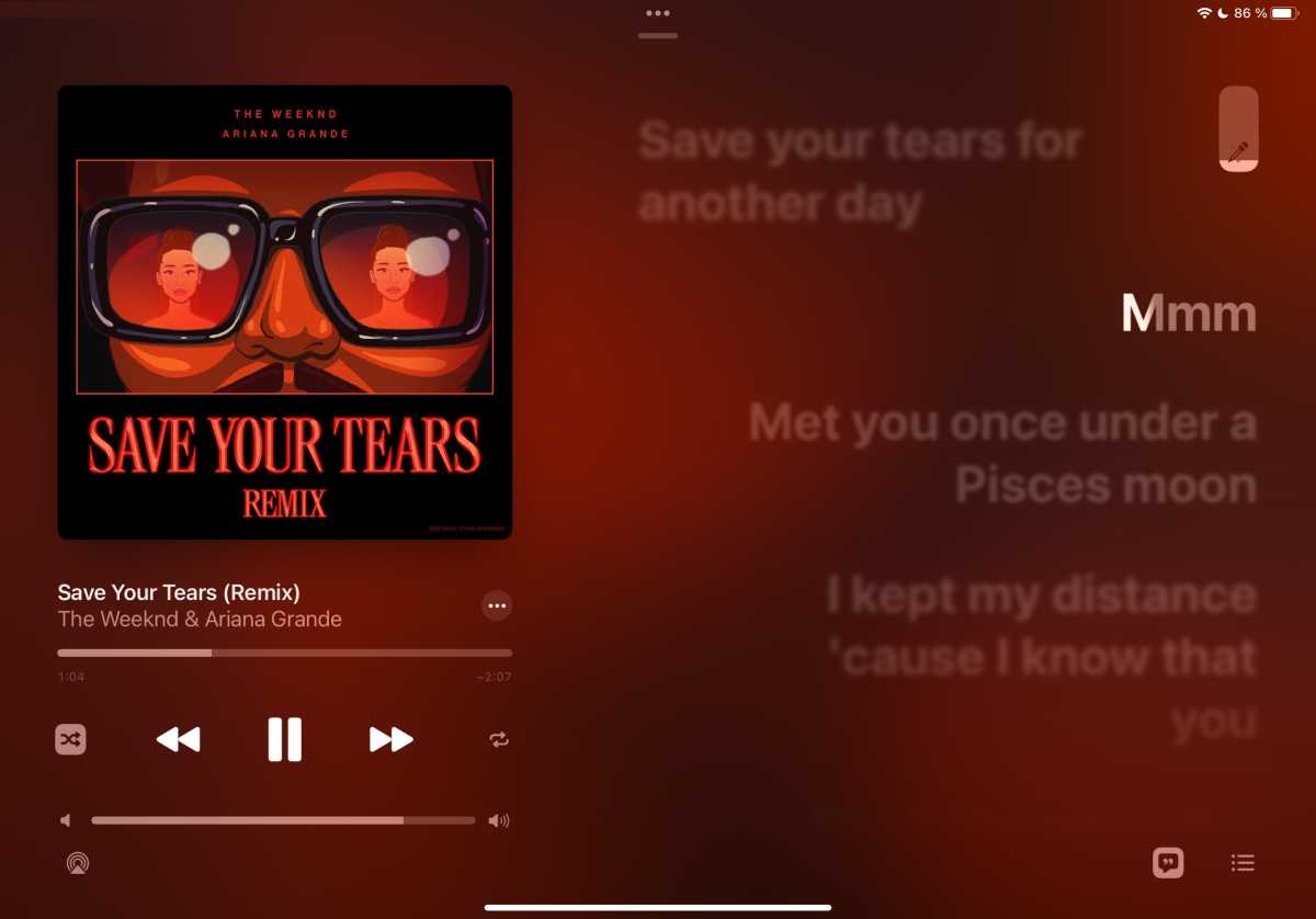 Oberfläche von Apple Music sind mit Songtext und Lautstärkeregler auf der rechten Seite