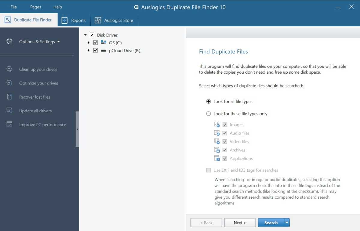 Auslogics Duplicate File Finder main screen