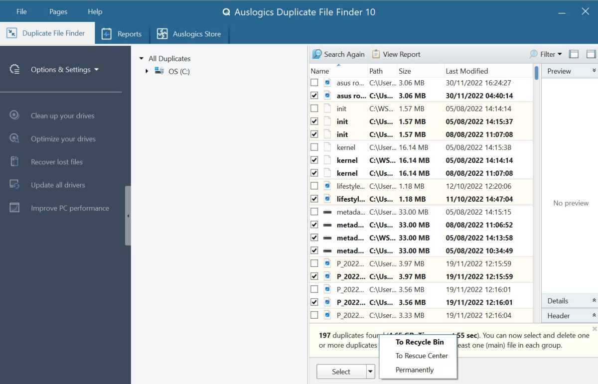 Auslogics Duplicate File Finder delete options