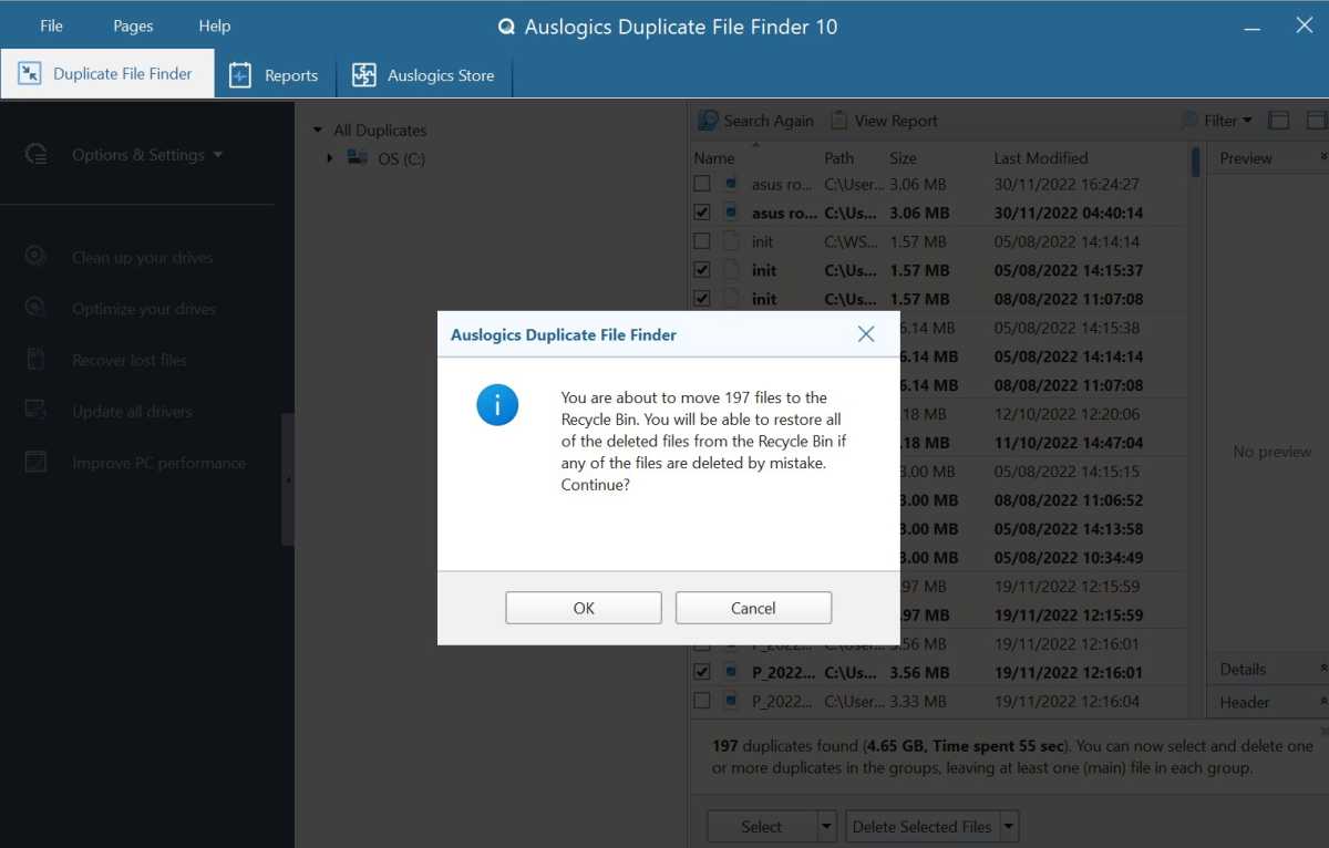 Auslogics Duplicate File Finder confirm deletion