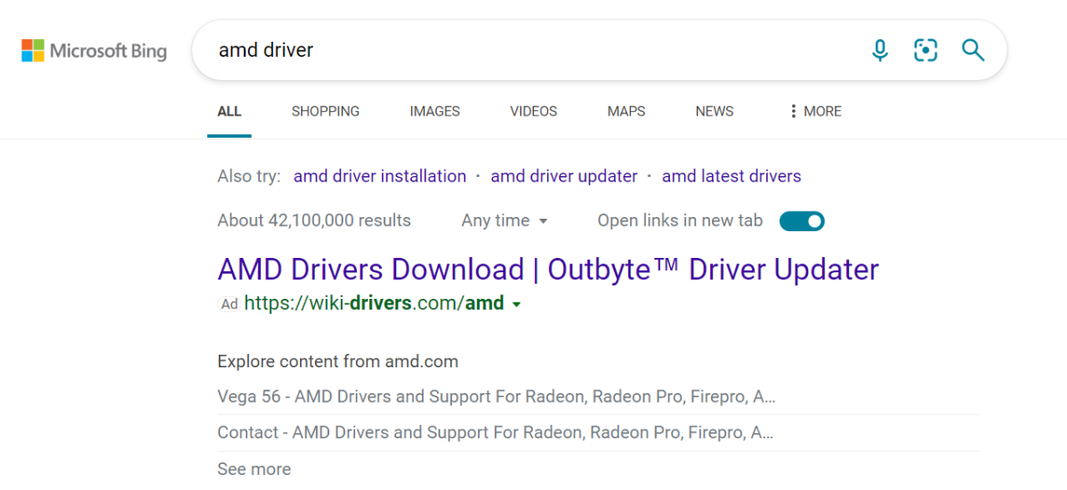 A fake AMD driver site on Microsoft Bing