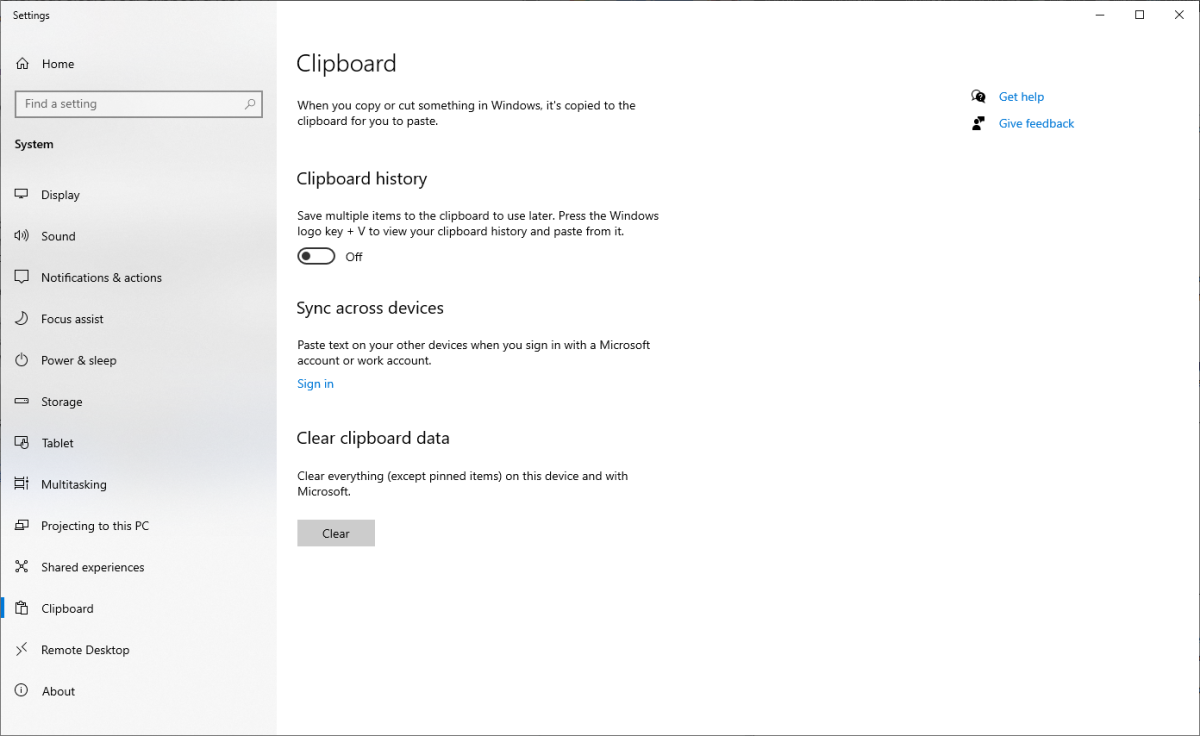 Windows 10 Clipboard settings